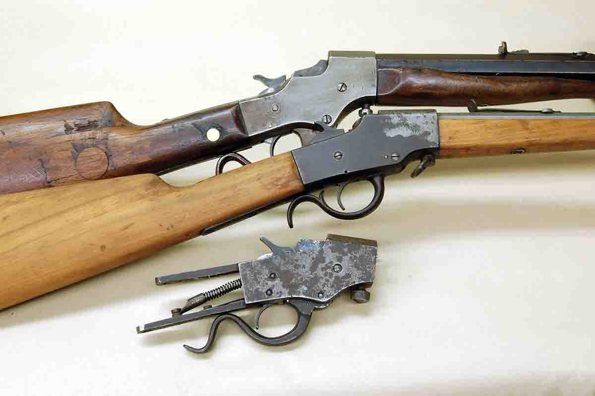 Project rifles that used simple tang sights (top to bottom): Stevens M44, Hopkins & Allen, Stevens M1915 Favorite action.